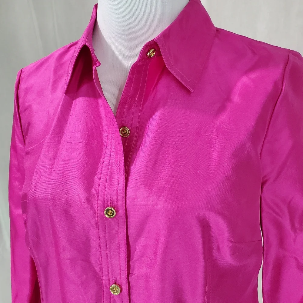 Talbots 100% silk sheath dress 6P Textured Fuschia Hot Pink Taffeta Shirt Dress - Picture 5 of 16